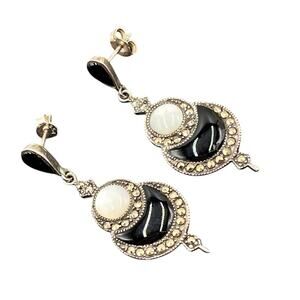 Sterling 925 Vintage Marcasite Obsidian Mother Of Pearl Drop Post Earrings